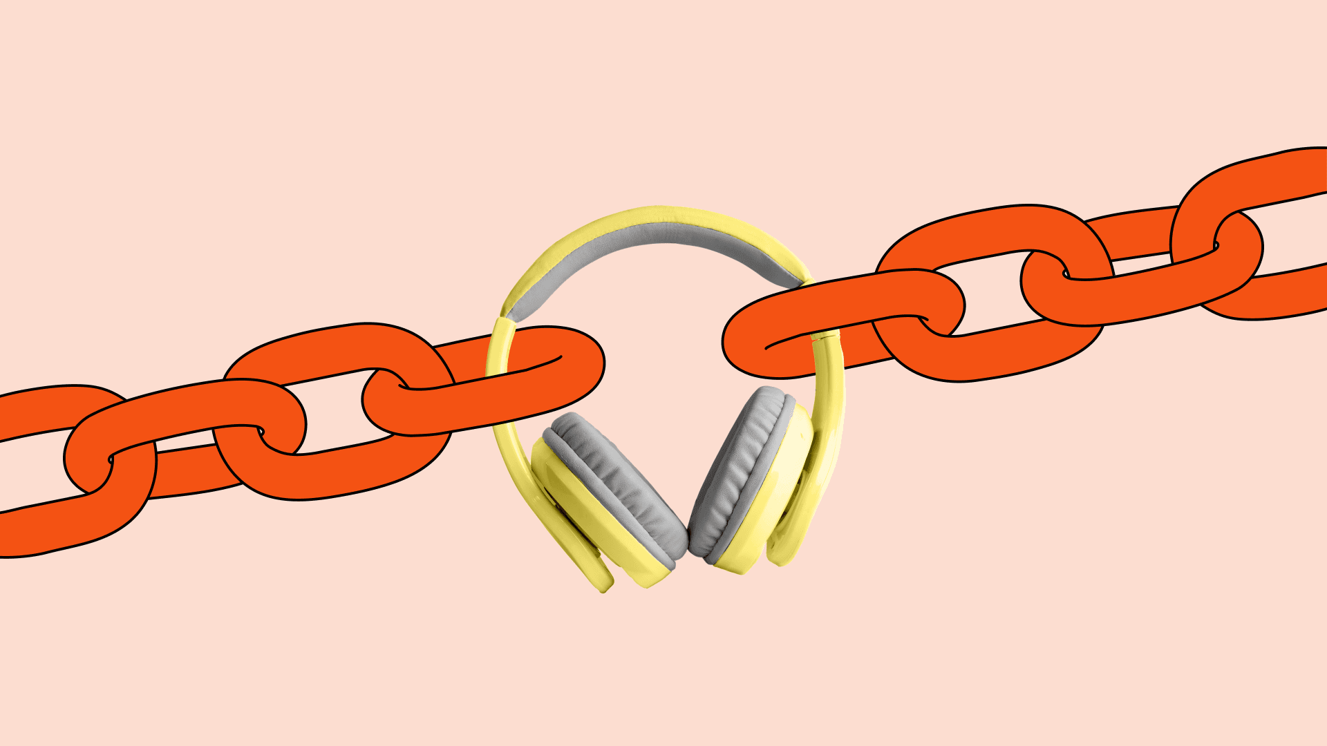 A yellow headphone, caught between two orange chains, is being pulled it in opposite directions