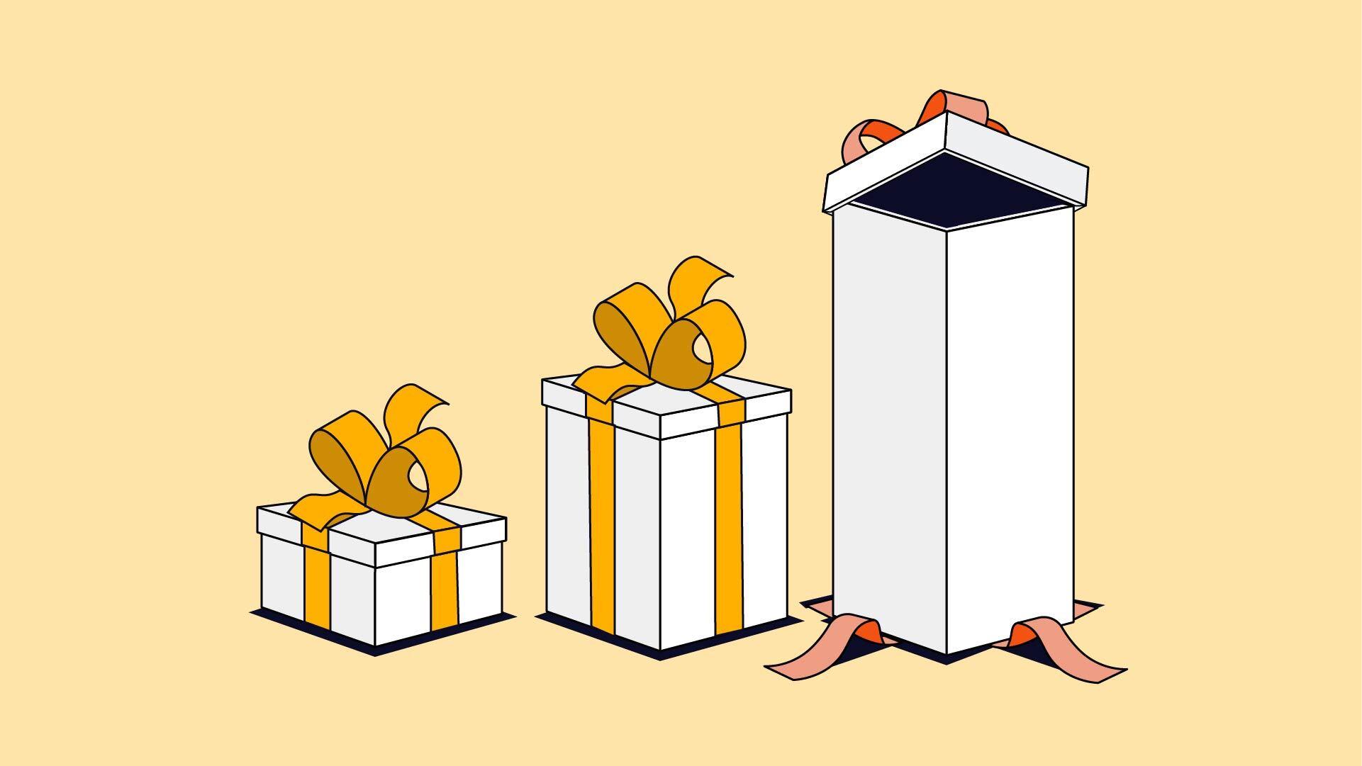 Graphic shows a small and medium wrapped gift and a third large gift, already unwrapped.